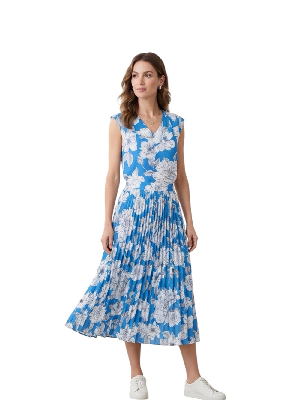 Banana Republic Blue and White Floral Pleated Midi Skirt and Top Size S